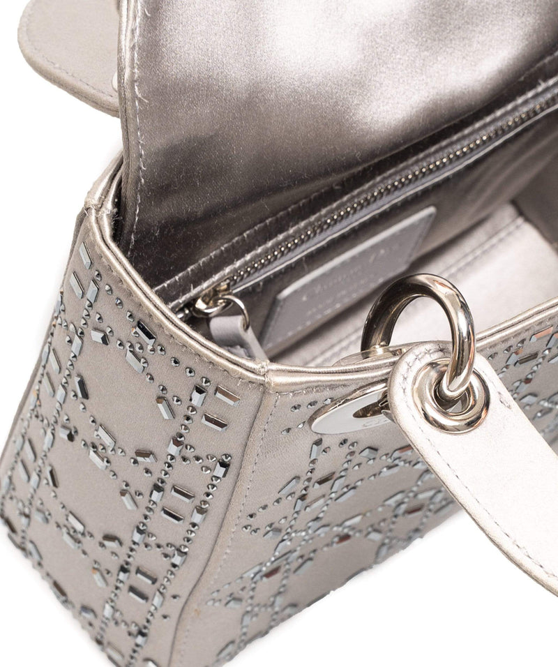 Christian Dior Lady Dior Mini in Silver Satin Bag with Crystal Details - AWL1627