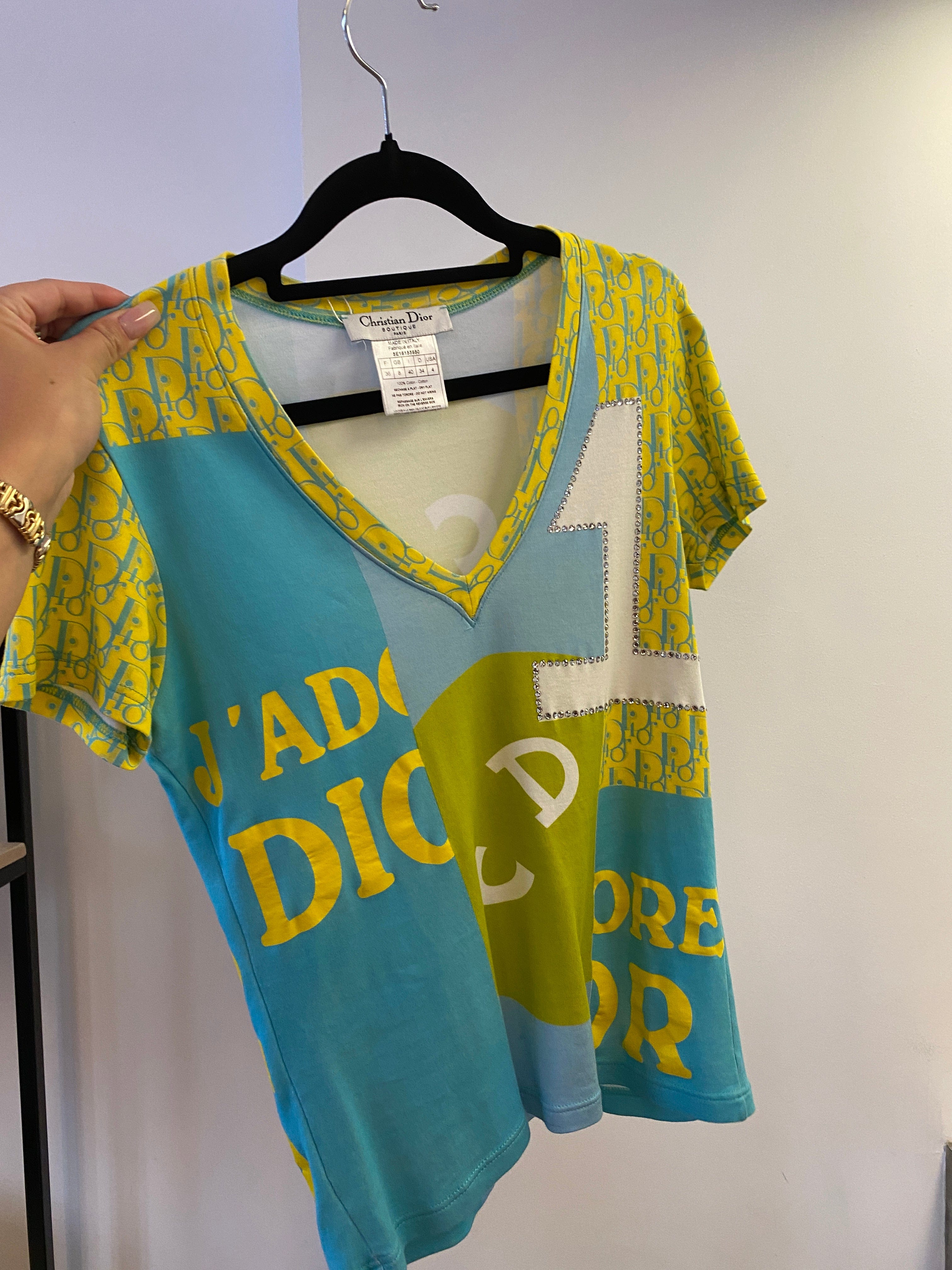 Christian Dior Dior V-neck T-shirt Blue Yellow ASL4495