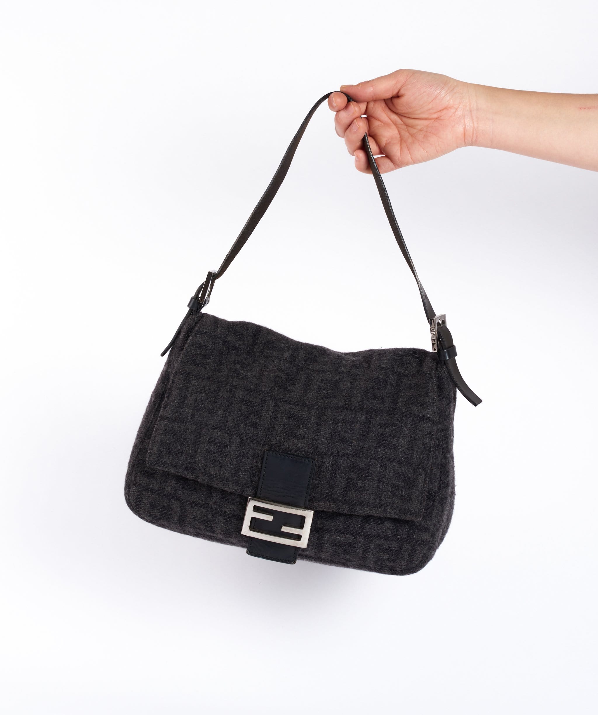 Fendi Mamma Baguette Grey Wool Shoulder bag LuxuryPromise