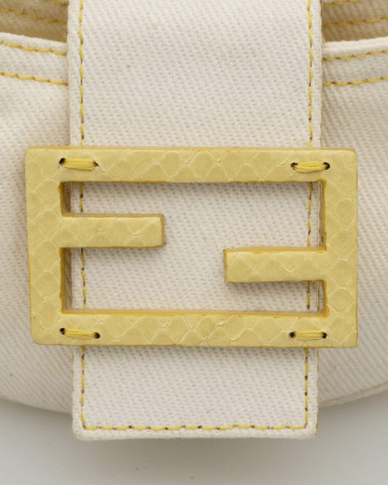 FENDI: Baguette bag in canvas with thread embroidered FF monogram - Yellow  Cream