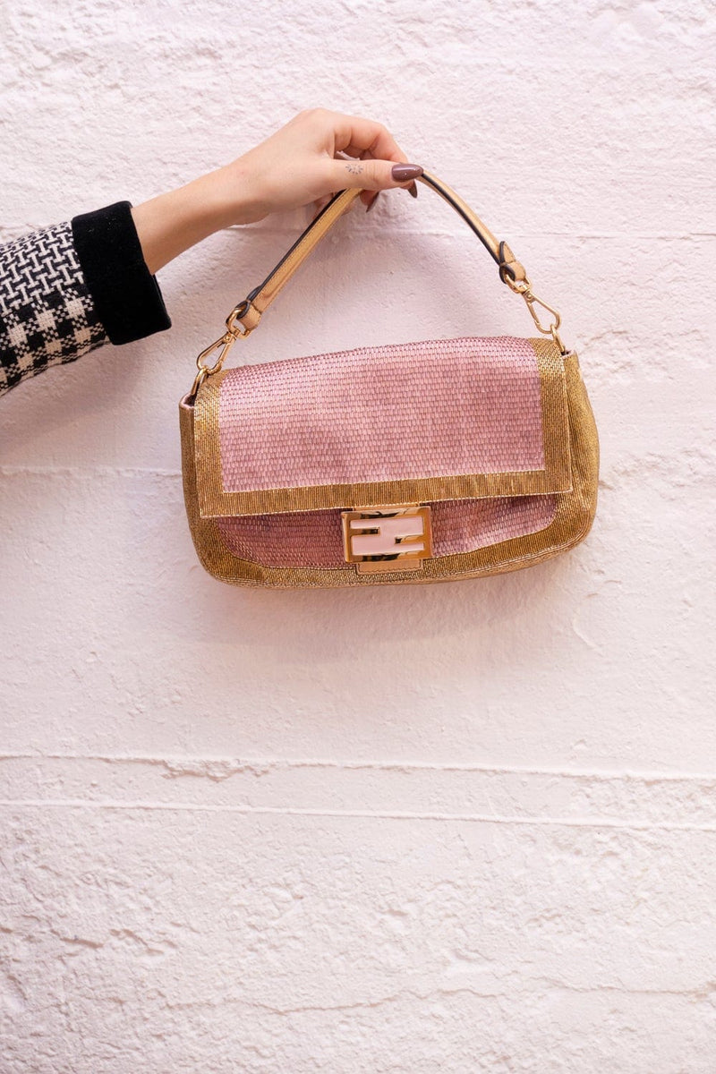 Fendi Fendi Pink and Gold Beaded Leather Baguette Bag - AGL1585