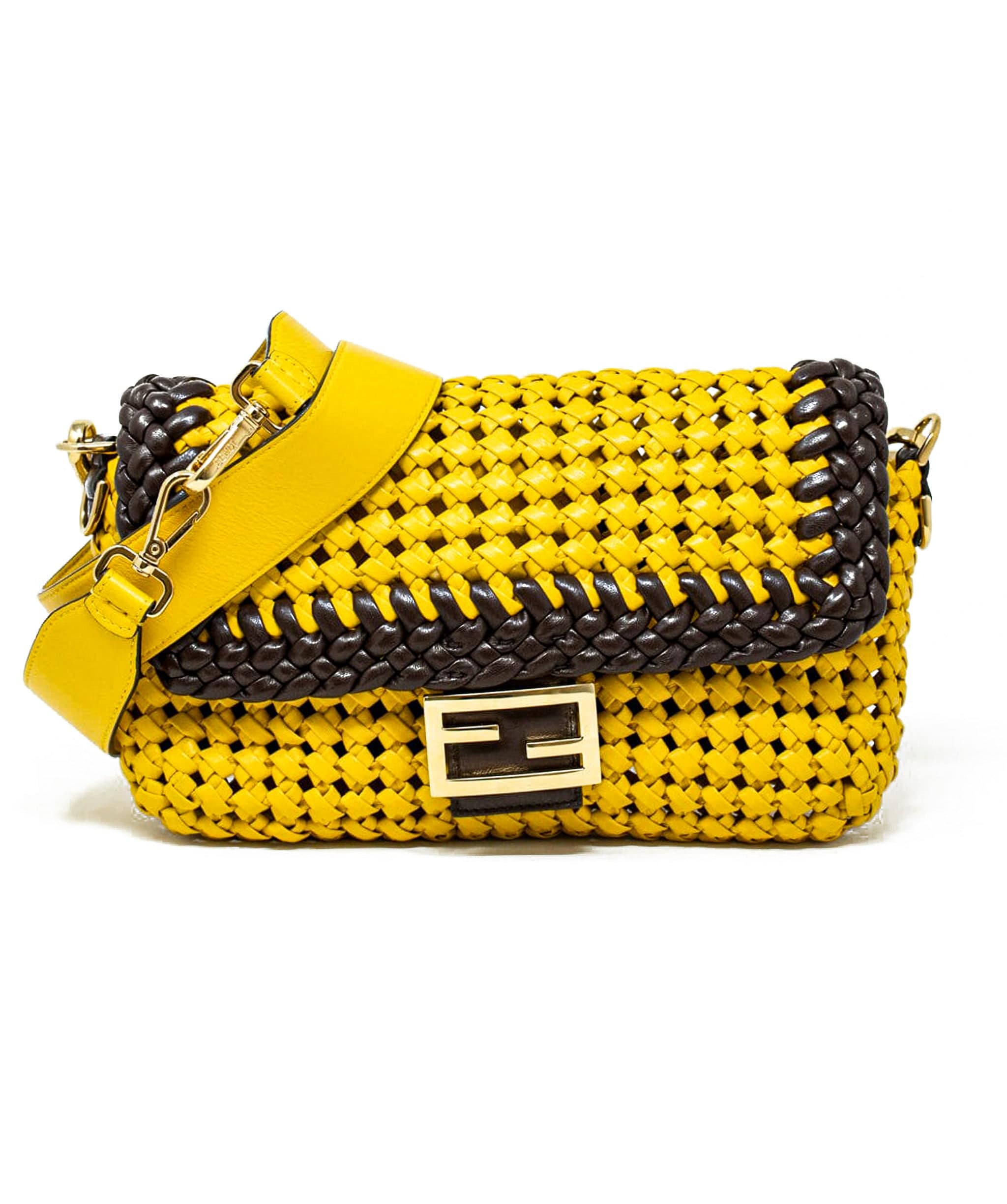 Fendi Fendi Yellow and Brown Woven Leather Baguette Bag - AGL1583