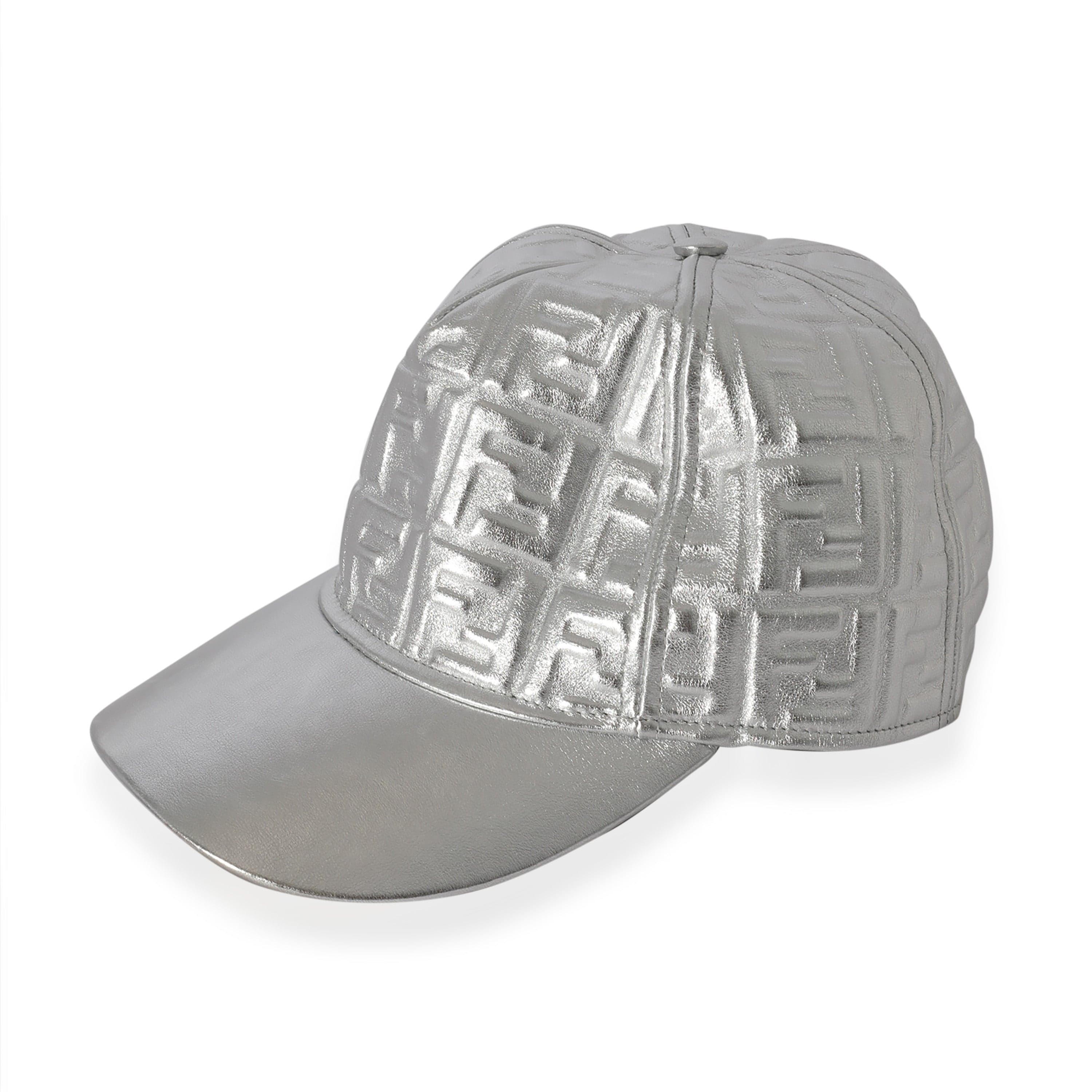 Fendi Fendi Metallic Silver FF Motif Embossed Leather Baseball Cap