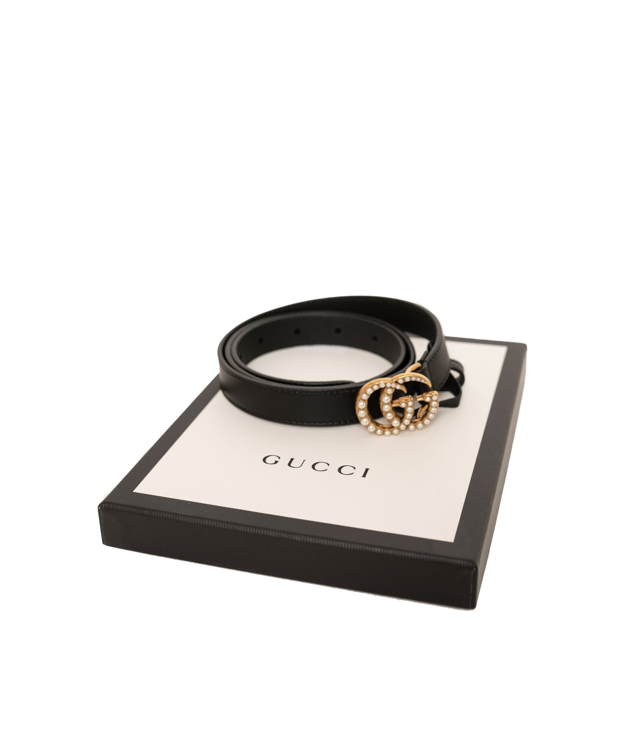 Gucci Gucci GG Black Leather Belt Pearl Detail  AGL1067