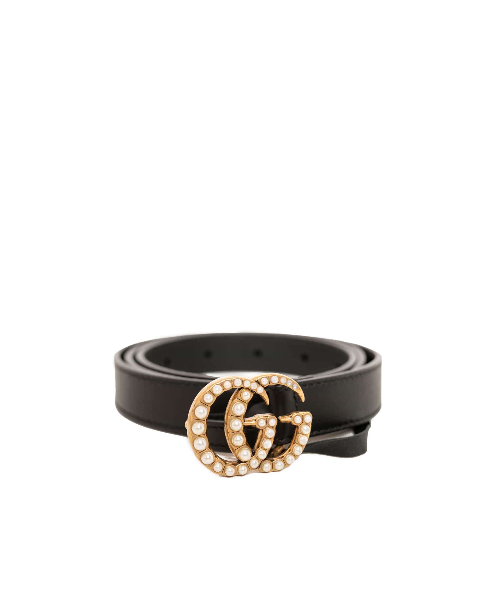 Gucci Gucci GG Black Leather Belt Pearl Detail  AGL1067