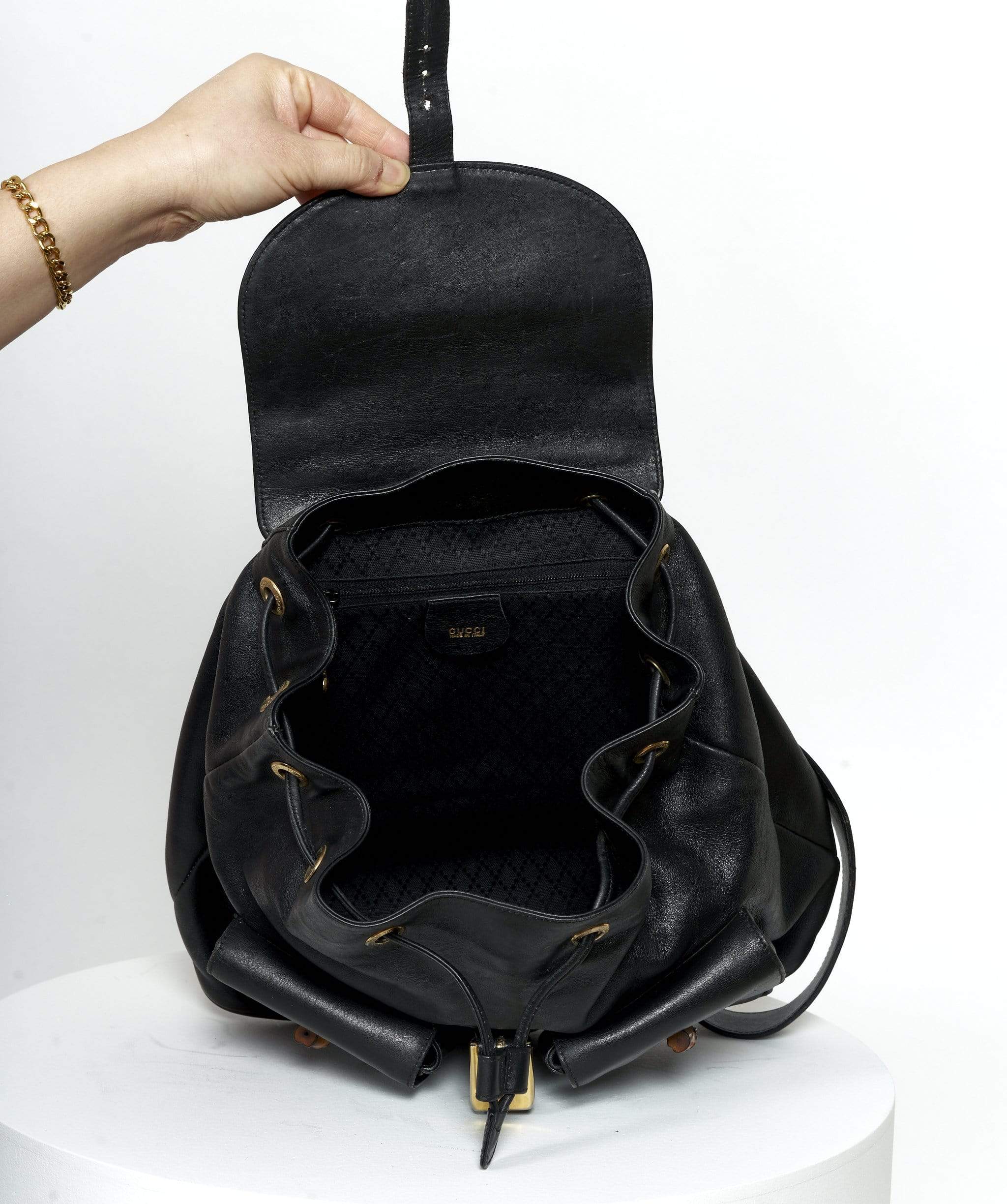 Gucci GUCCI Black Leather Large Bamboo Backpack