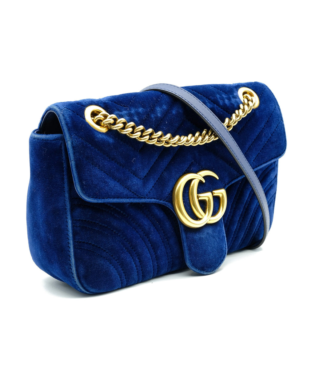 Small GG Marmont Blue velvet shoulder bag | Shoulder bag, Gucci purses, Bags