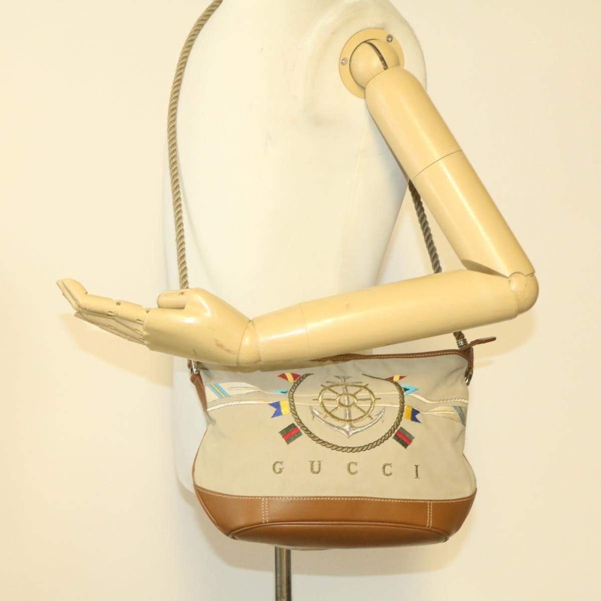 Gucci GUCCI Marine Shoulder Bag Beige Canvas Auth fm258 MW2739