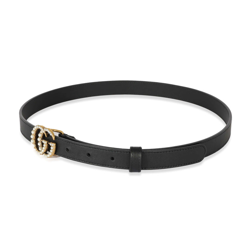 Gucci Gucci Double G Pearl Embellished Black Leather Belt