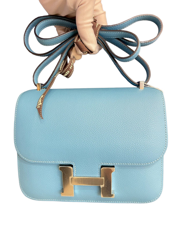 Hermes PHW Constance Mini Shoulder Bag Swift Leather Blue Bleu Du Nord