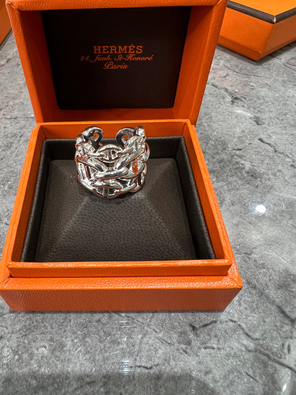 Hermès Chaine d'Ancre Echainee Ring, Large Model, Palladium (RRP 495)