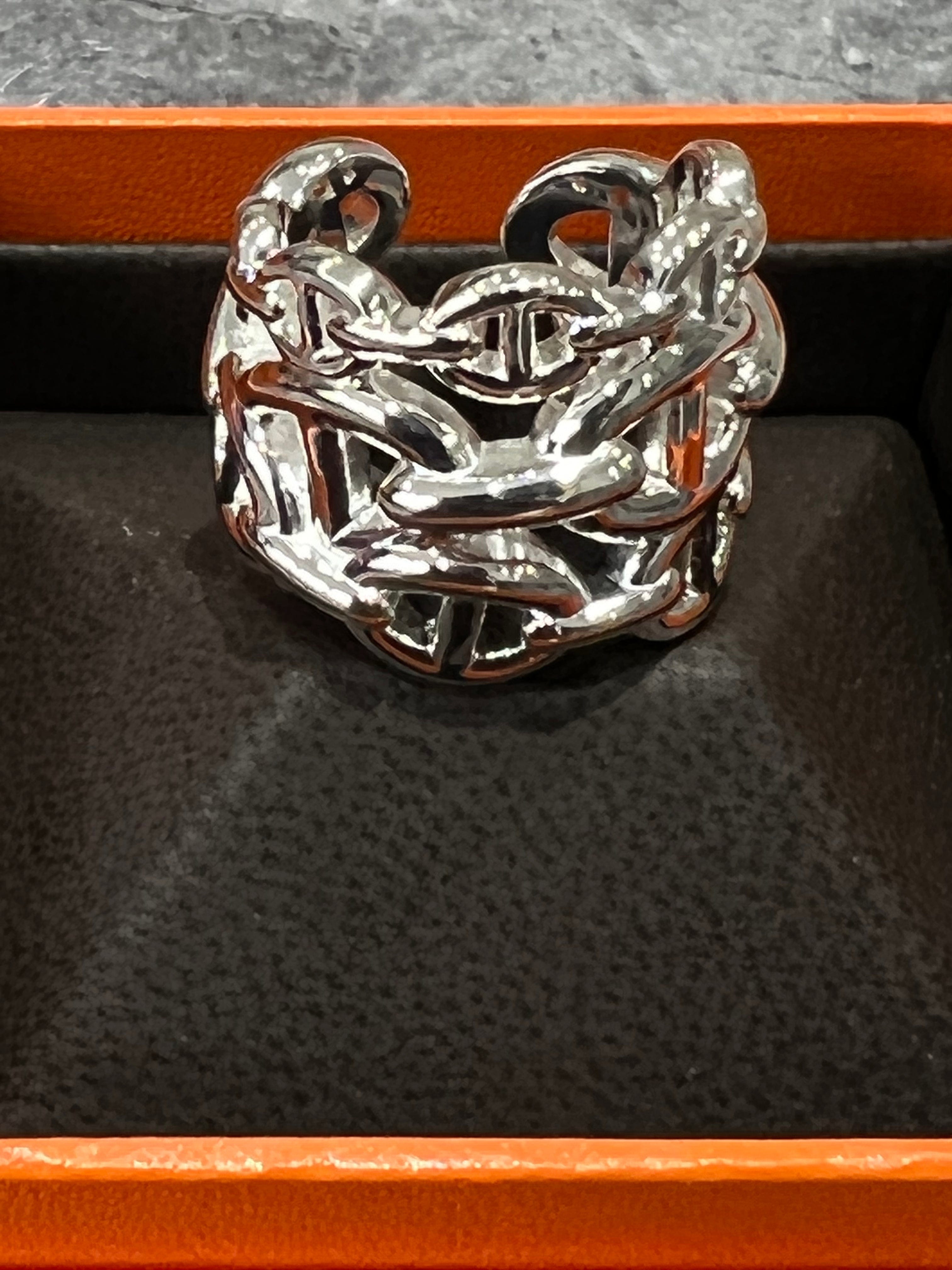 Hermès Chaine d'Ancre Echainee Ring, Large Model, Palladium (RRP 495)