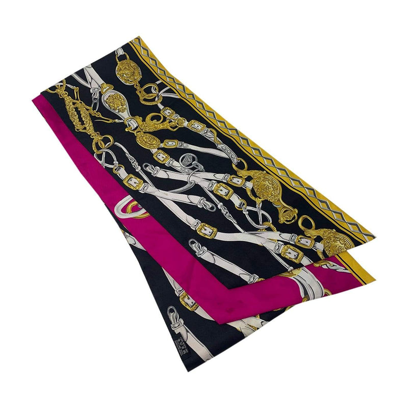 Hermès Hermes Silk Scarf Featuring Gold Chain Detail Black and Pink