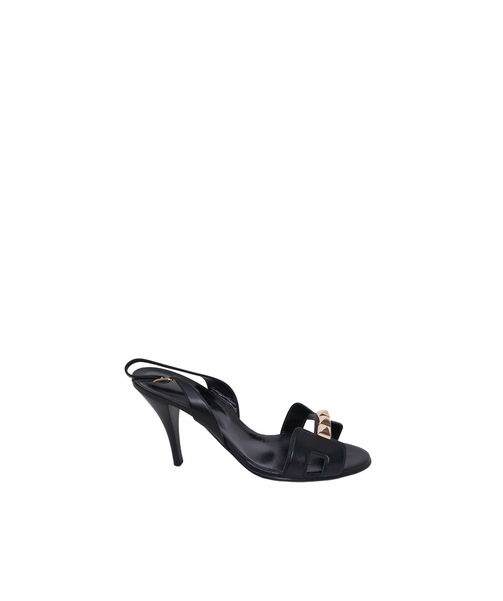 Hermès Hermes Black Leather Semelle Cuir Heeled Sandals Size 39 AGC1009