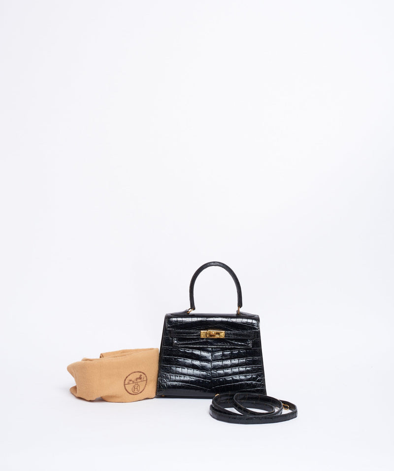 Hermès Mini Kelly Vintage Bag Sellier Black Croco Crocodile Ghw 20 cm RARE