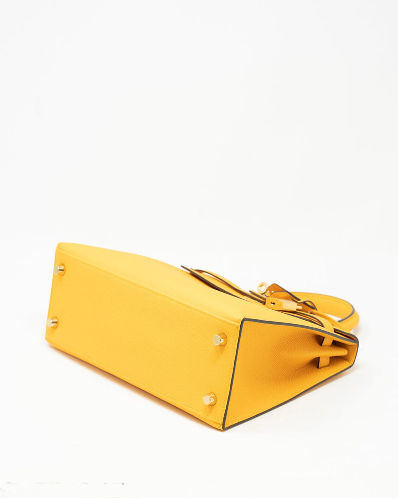 LNIB Hermes Kelly 25 C Jaune ambre Epsom GHW