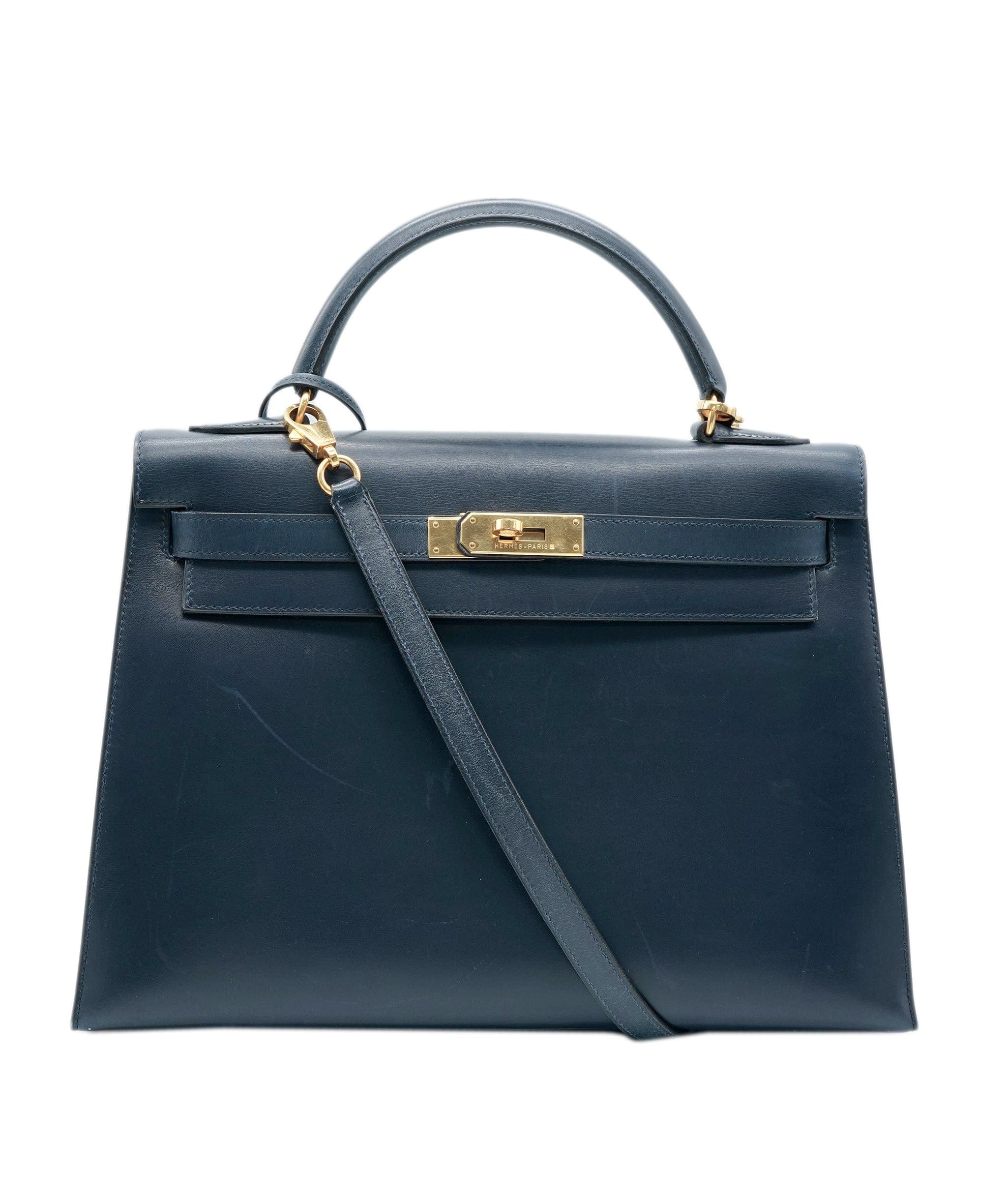 Hermès Hermès Kelly 32 Sellier 2way Handbag Purse Navy Box Calf ASL6503