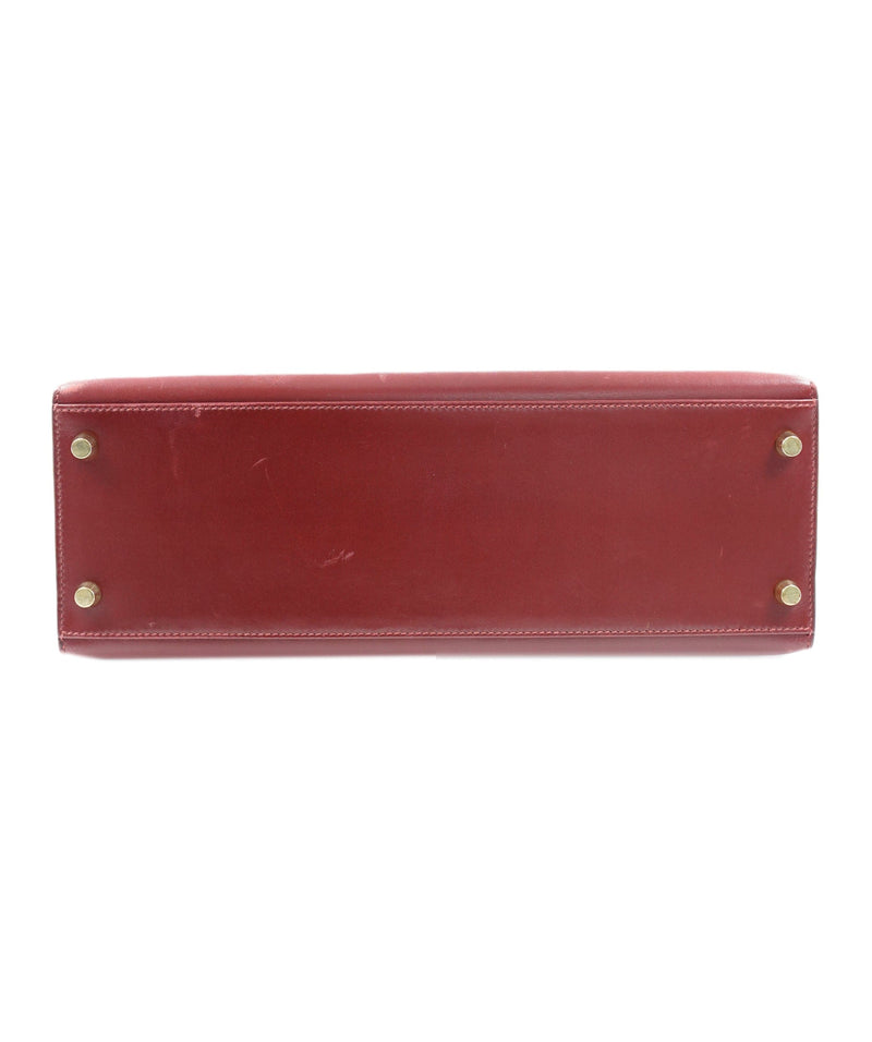HERMES Vintage Kelly 32 Sellier Dark Red Rouge Box Leather Gold