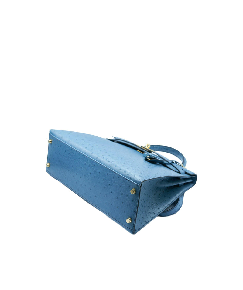 Rent Buy HERMÈS Kelly 32 Blue Jean Ostrich With Gold Hardware