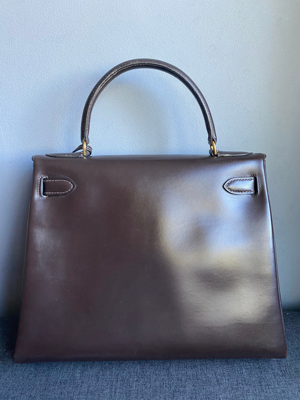 Hermes Kelly 28 Outer-Sewn Crinolan Box Calf Rouge Ash Gold Metal Fittings  〇K Stamped Vintage Handbag 0457
