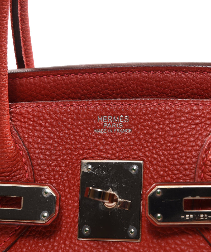 Authenticated used Hermes Hermes Birkin 30 Hand Bag Dobris Box Calf Red Rouge Ash K Engraved Silver Metal Fittings, Adult Unisex, Size: (HxWxD): 24cm