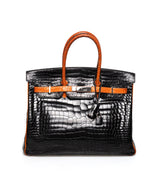 Hermès Preloved Hermes Birkin 35 Black and Feu Shiny Porosus Croc with PHW  NW3258