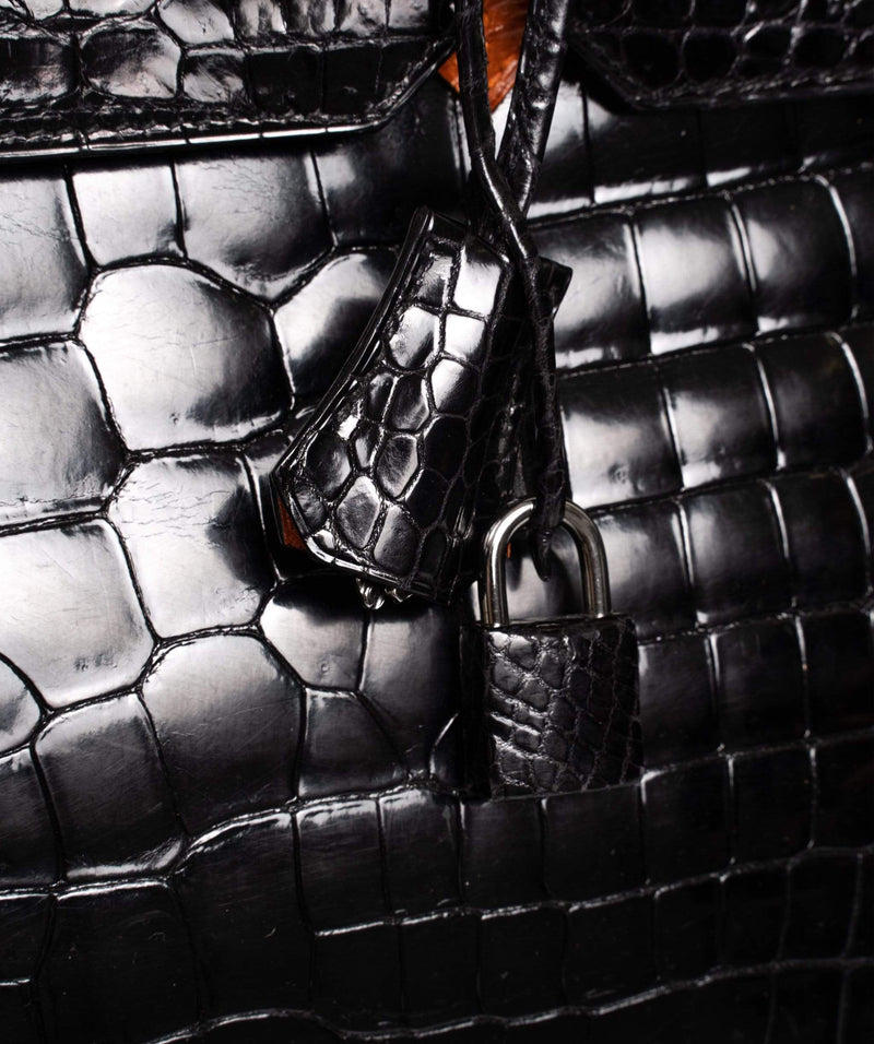 Hermès Preloved Hermes Birkin 35 Black and Feu Shiny Porosus Croc with PHW - NW3258