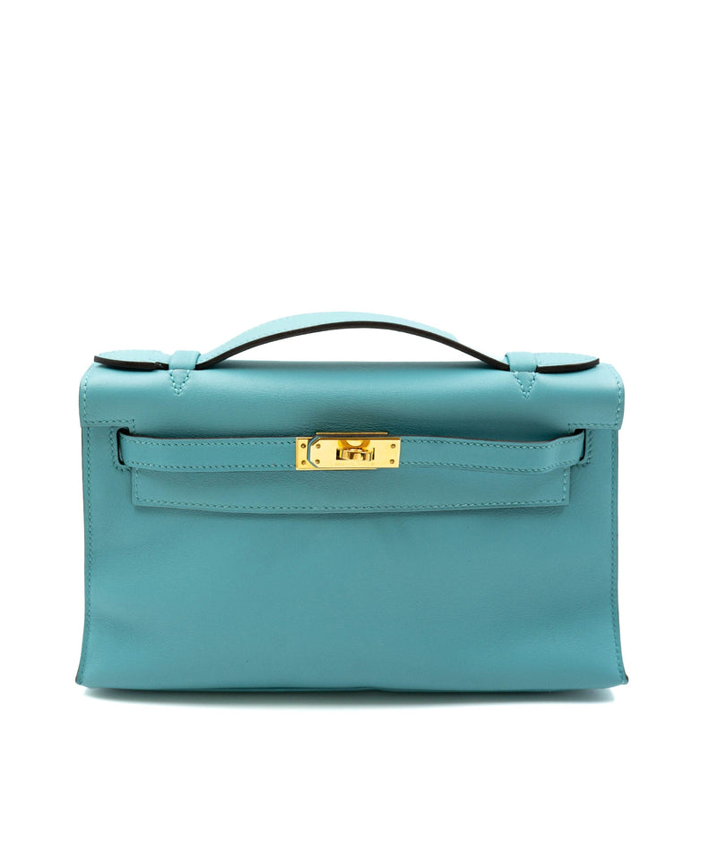 Hermès Preowned Hermès Kelly Pochette Swift Turquoise with GHW AGC1223