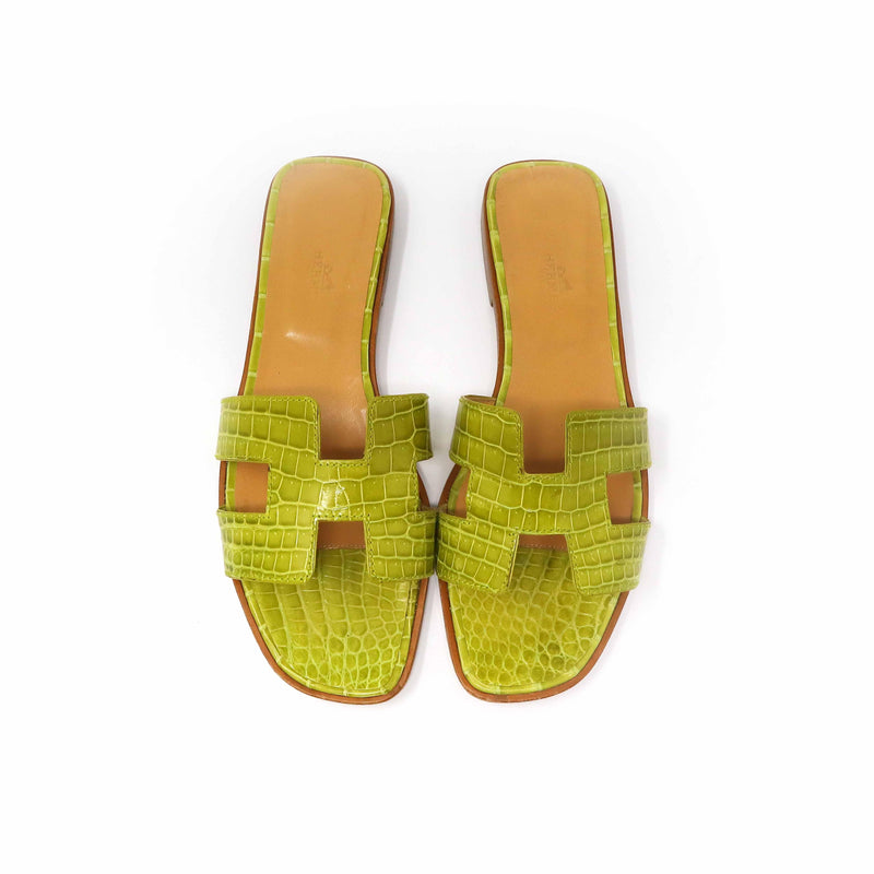 Hermès Hermes Oran Lime Green Crocodile Sandals