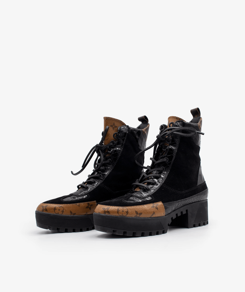 Louis Vuitton Suede Printed Combat Boots - Black Boots, Shoes