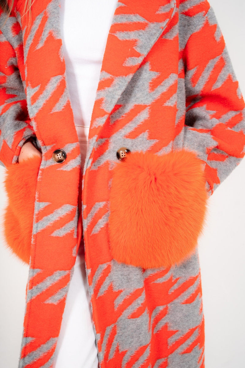 Orange Houndstooth Coat with Fur pockets - AWC1159 – LuxuryPromise