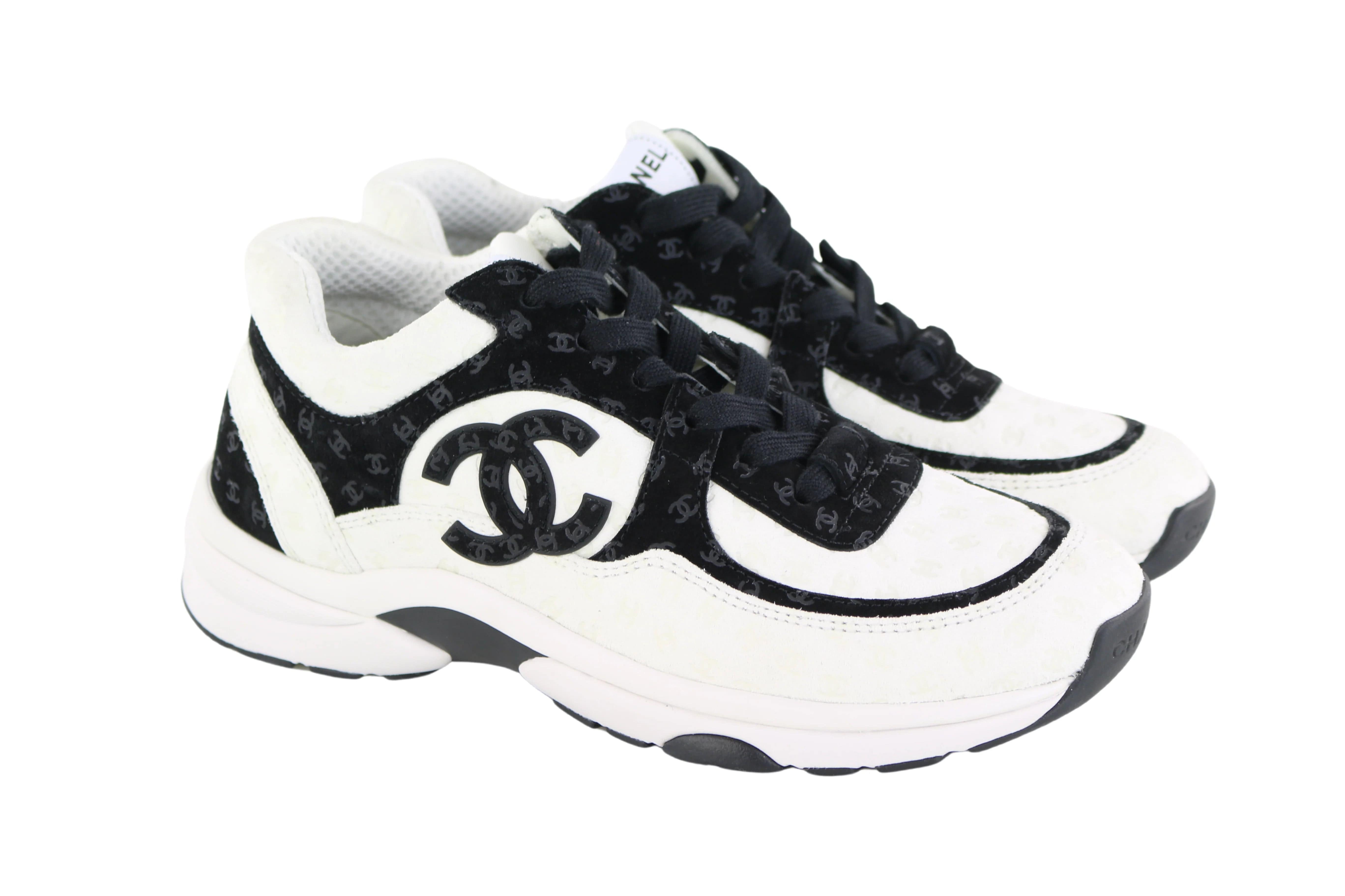 Chanel Black White CC Suede Sneakers