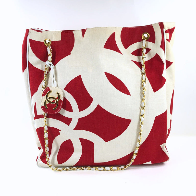 CHANEL, Bags, Sold Chanel Vintage Chain Canvas Cc Red And White Tote Bag