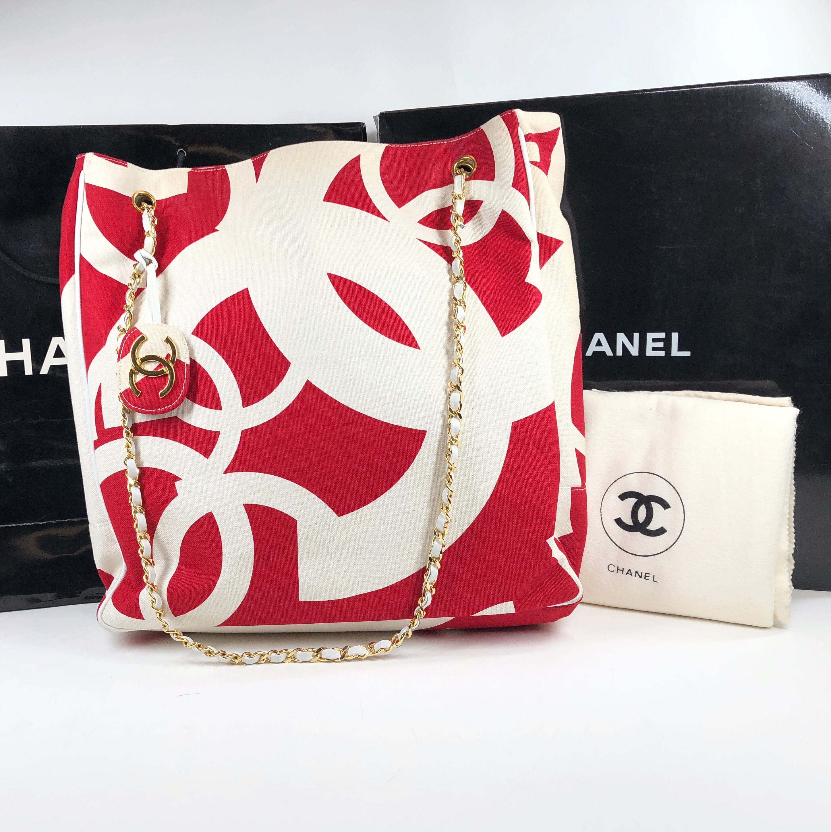 CHANEL Chain Tote Bag Canvas No.5 Red Navy CC Auth 40596