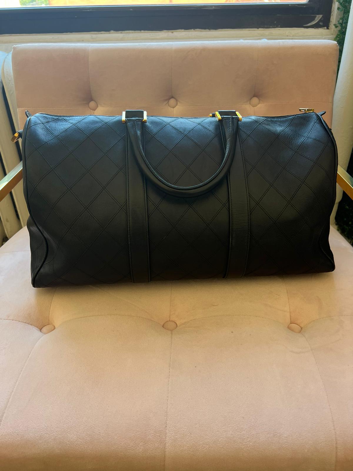 Chanel Vintage Black Leather Matelasse Duffle Bag GHW (RARE
