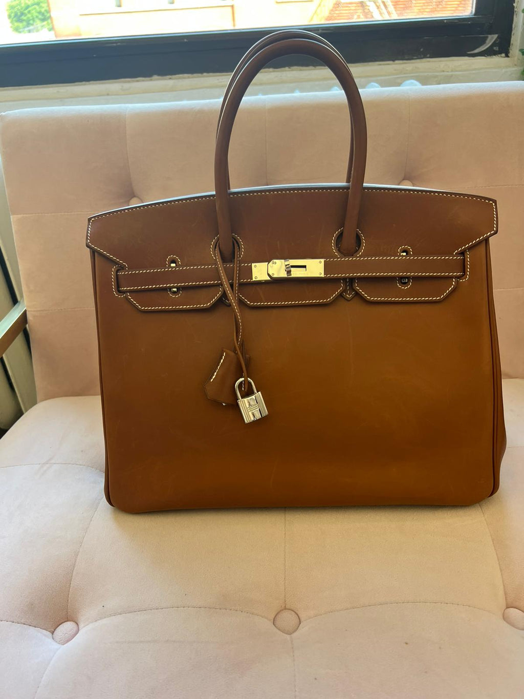 Hermes Birkin 35cm Bag Barenia Leather Palladium Hardware, Gold CK37 -  SYMode Vip