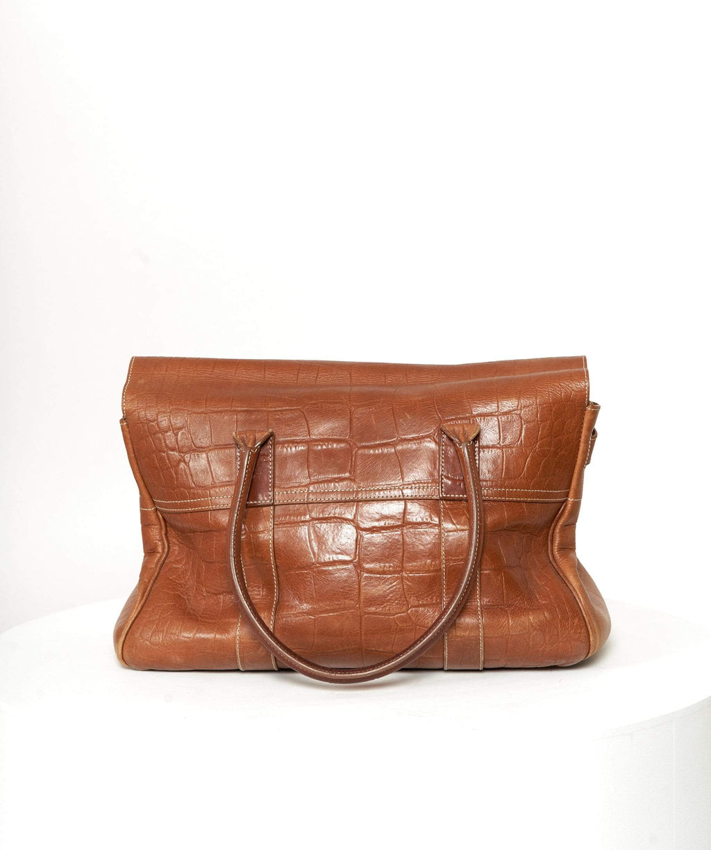 MULBERRY BAYSWATER BAG, chocolate brown leather with crocodile embossed,  brass bottom feet and hardware, double top handles, suede lining, 38cm x  26cm H x 16cm.