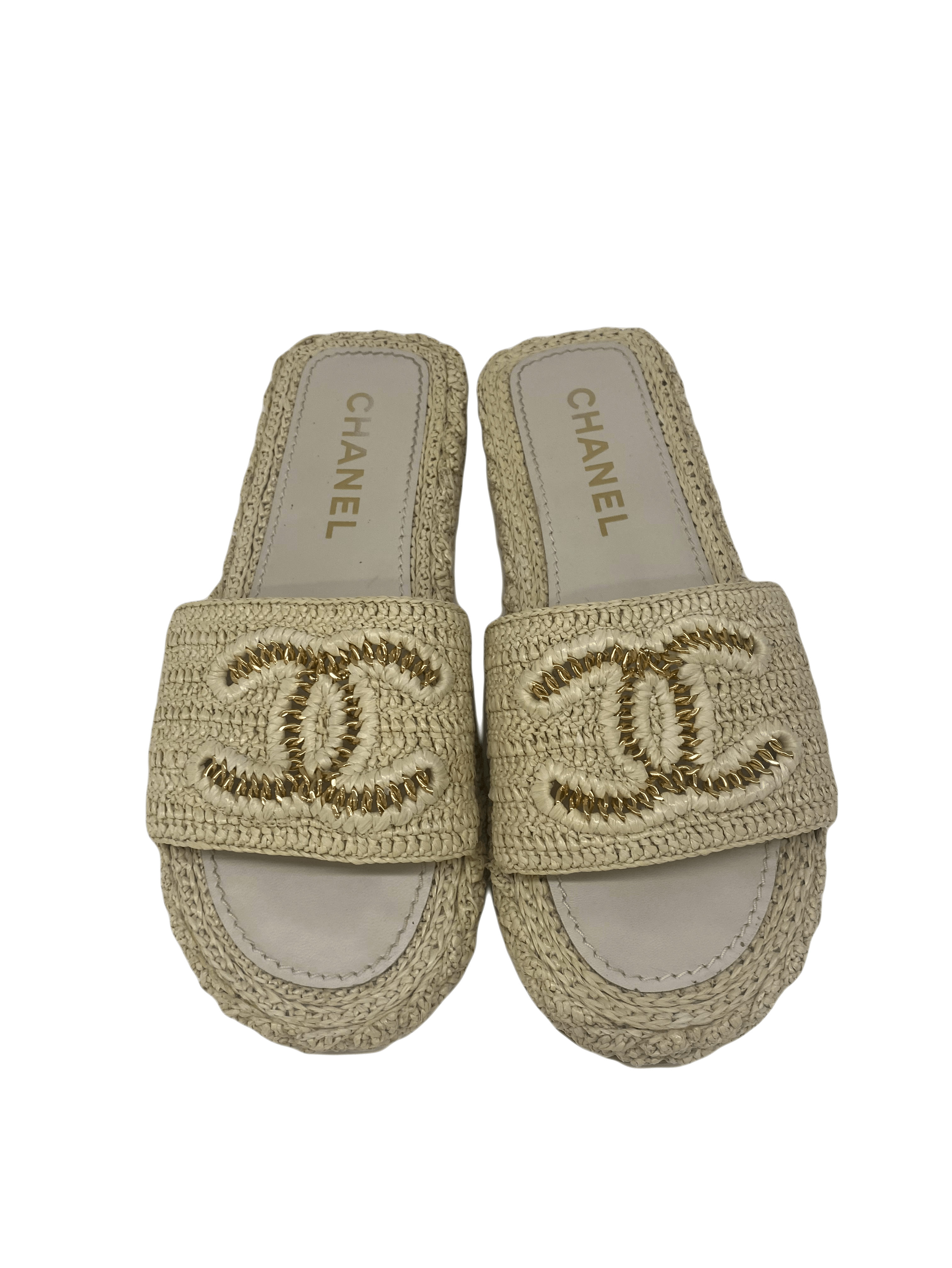 Chanel Beige Woven and Chain Slides - Size 41