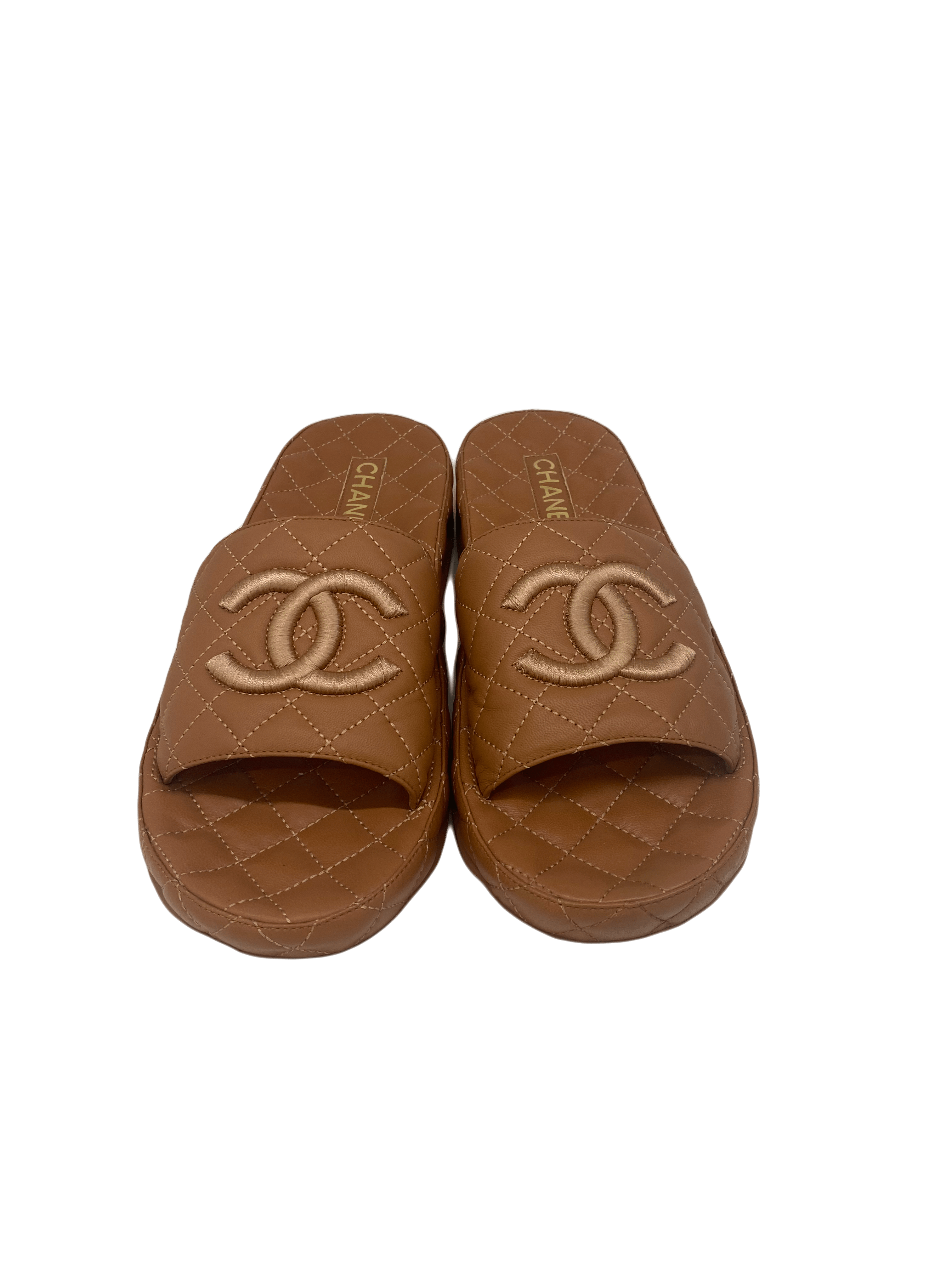PH Luxury Consignment Chanel Caramel Quilted Slides - Size 41