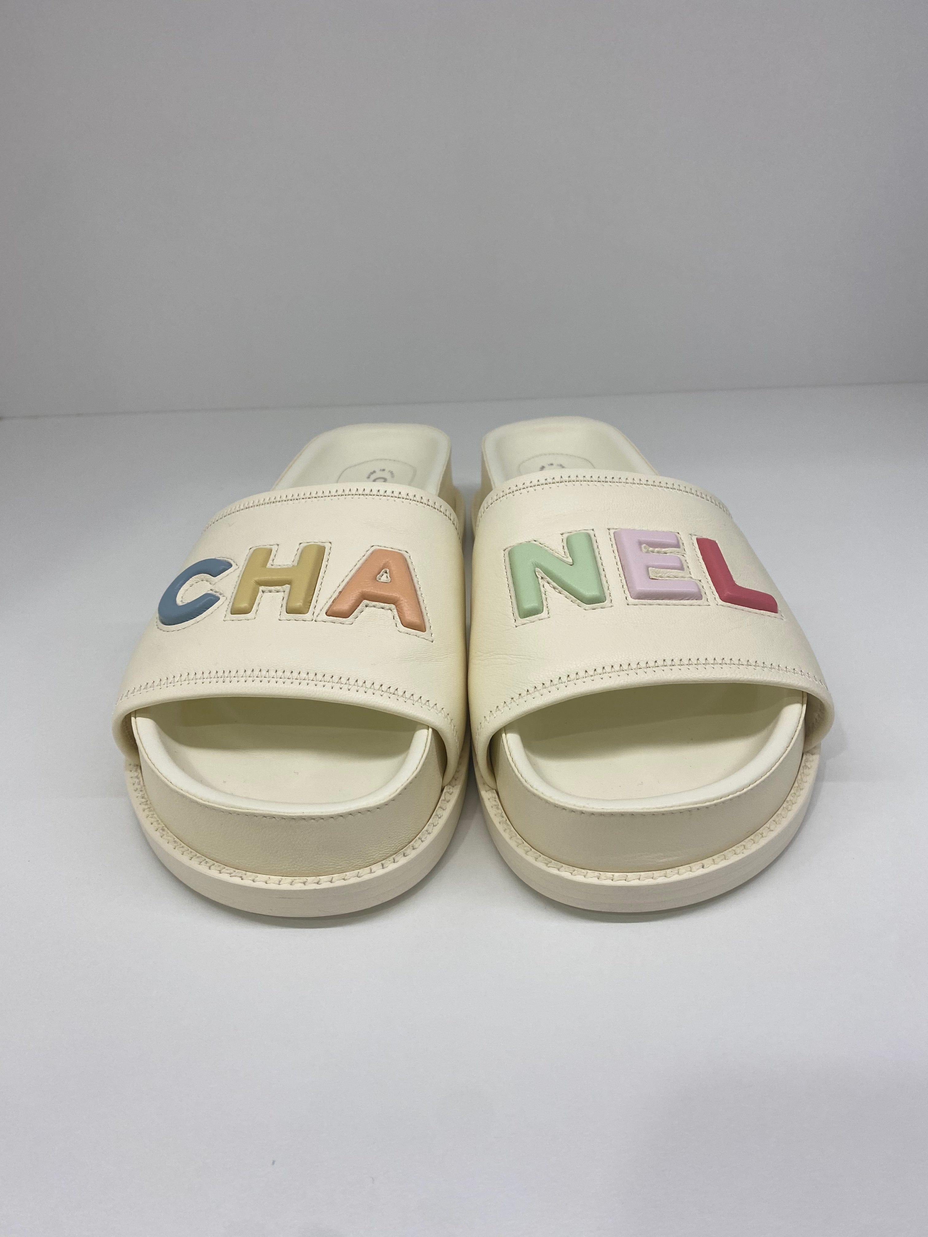 PH Luxury Consignment Chanel Rainbow and White Slides - Size 41
