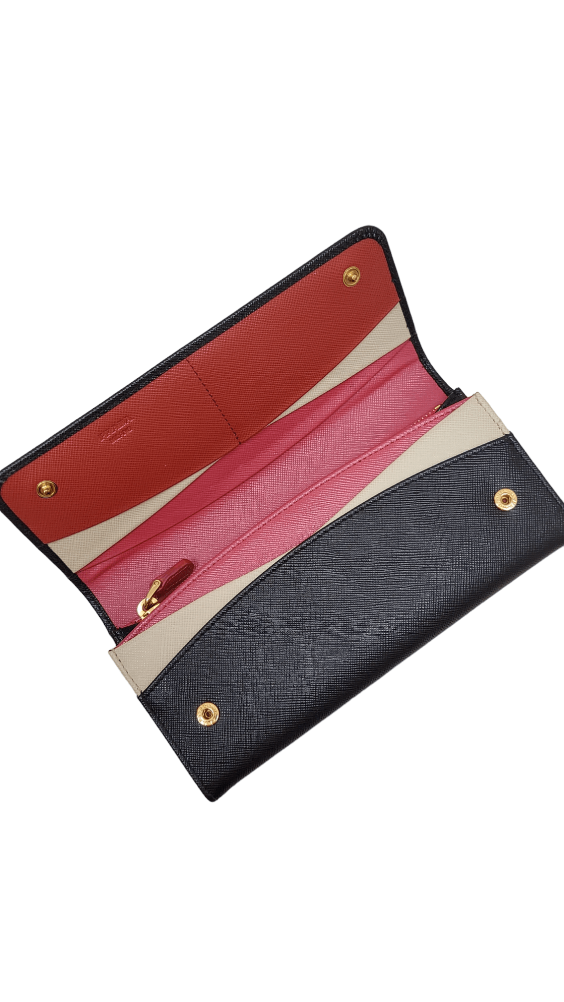 Prada Prada Saffiano Long Black Wallet with Gold Hardware - Pink and beige interior SKC1300