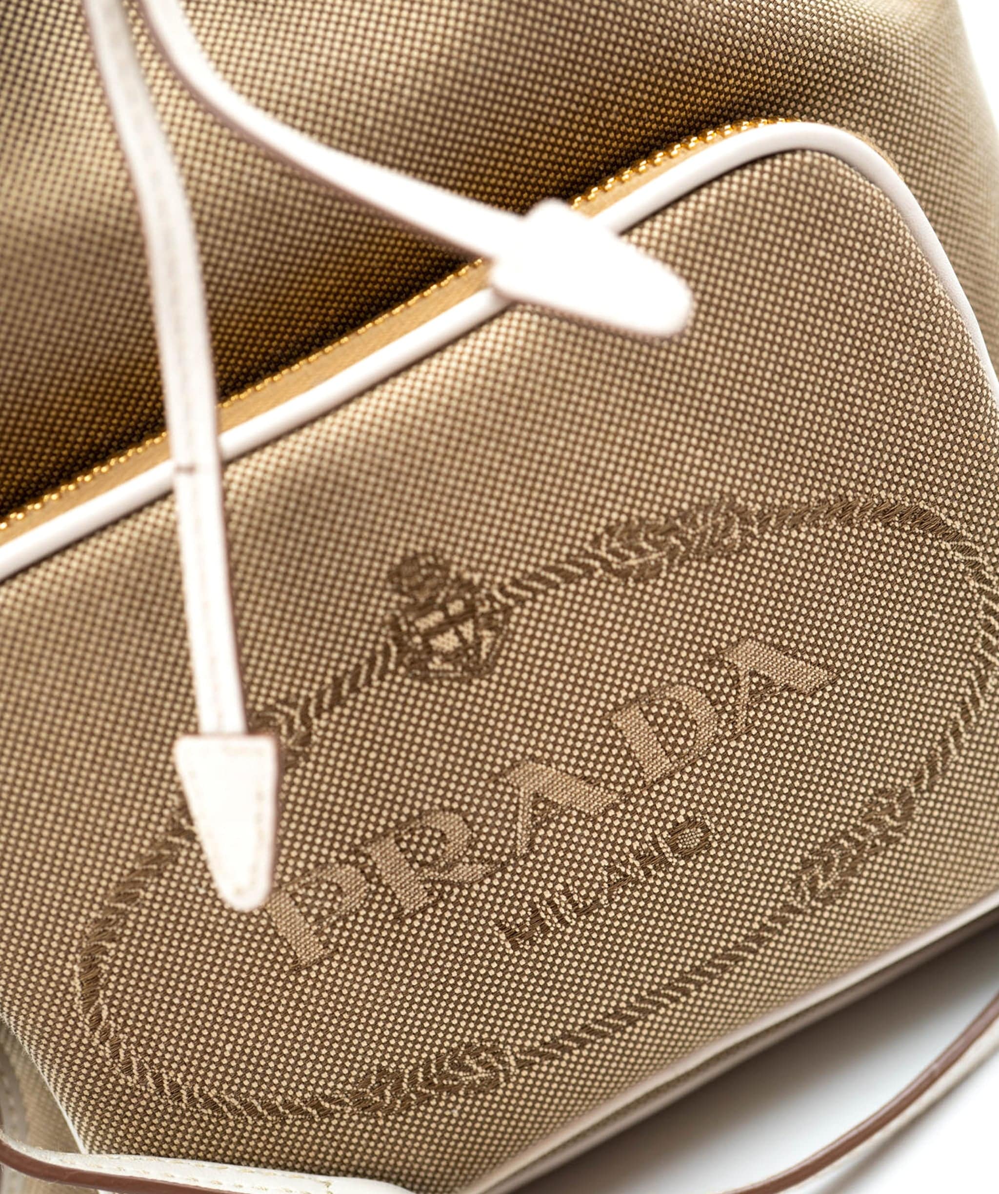 Prada Bow Prada Brown Canapa Logo Canvas Bucket Bag White Beige - AWL3913