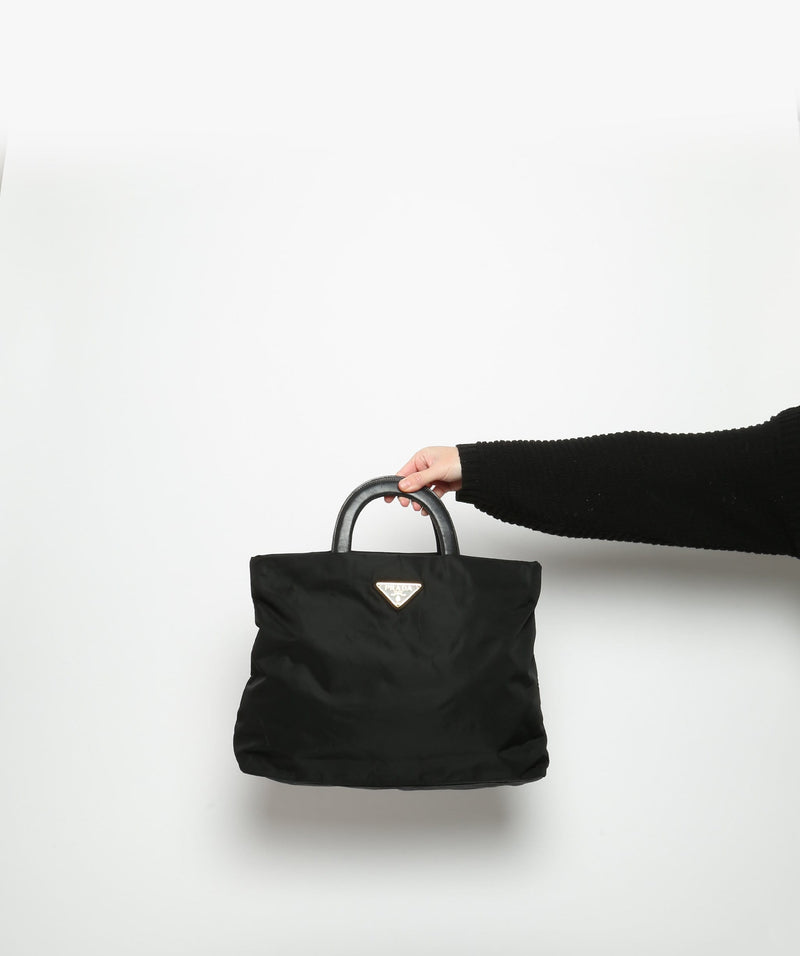 Prada Prada Black Nylon Handbag with Leather Handles