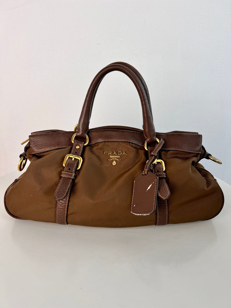 Prada Bowling Bag Brown Nylon GHW SKL1076 LuxuryPromise