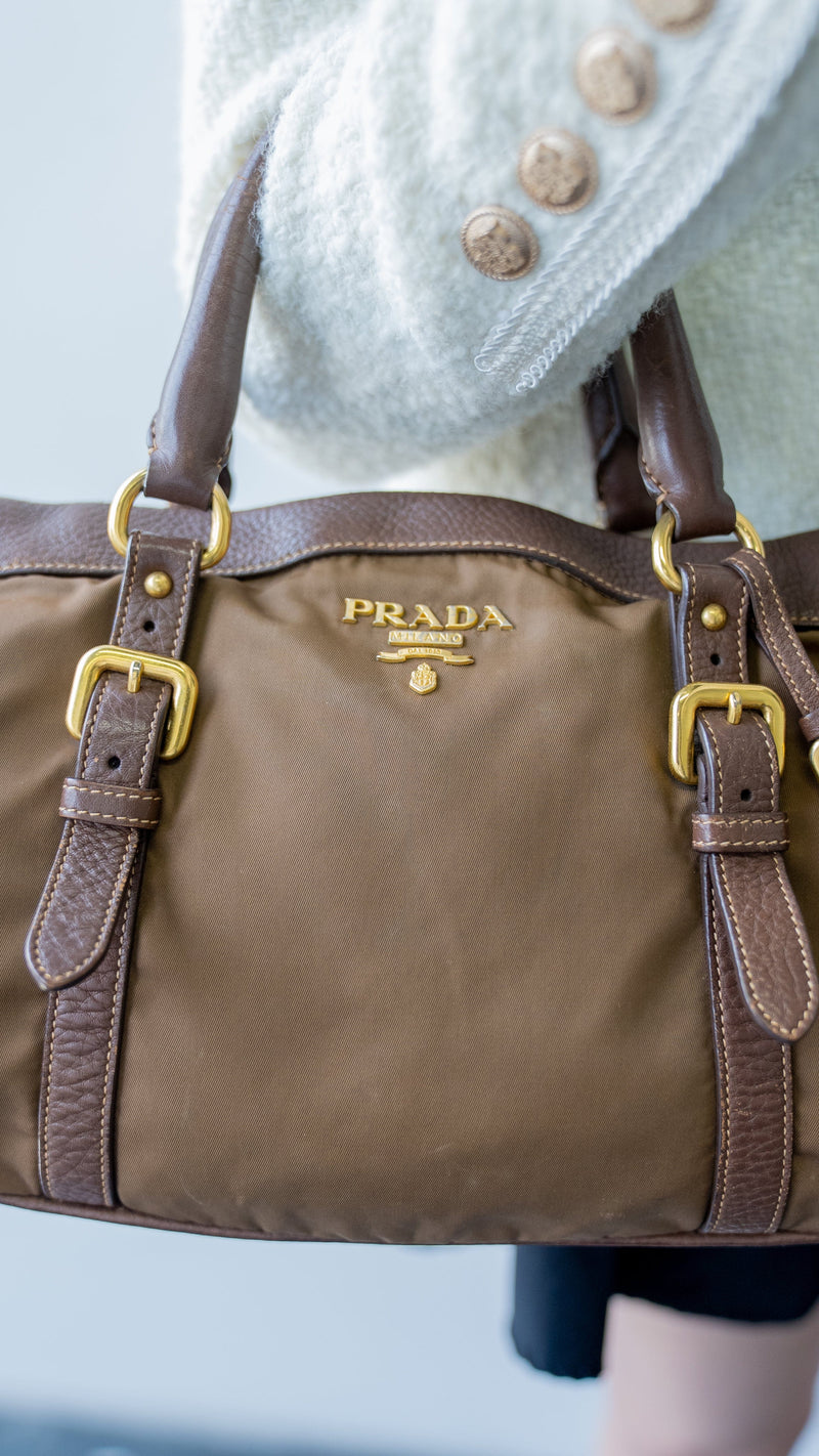 Prada Bowling Bag Brown Nylon GHW SKL1076 LuxuryPromise