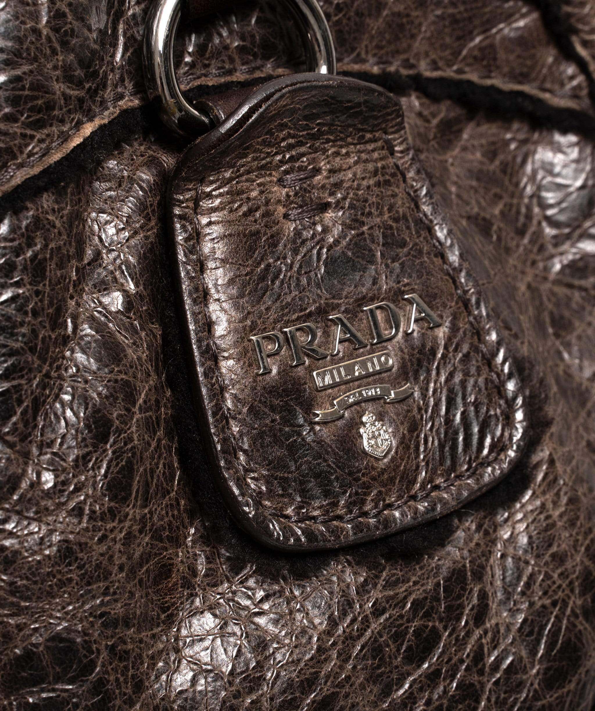 Prada Prada Brown Distressed Shearling Leather Top Handle Bag - MW2460