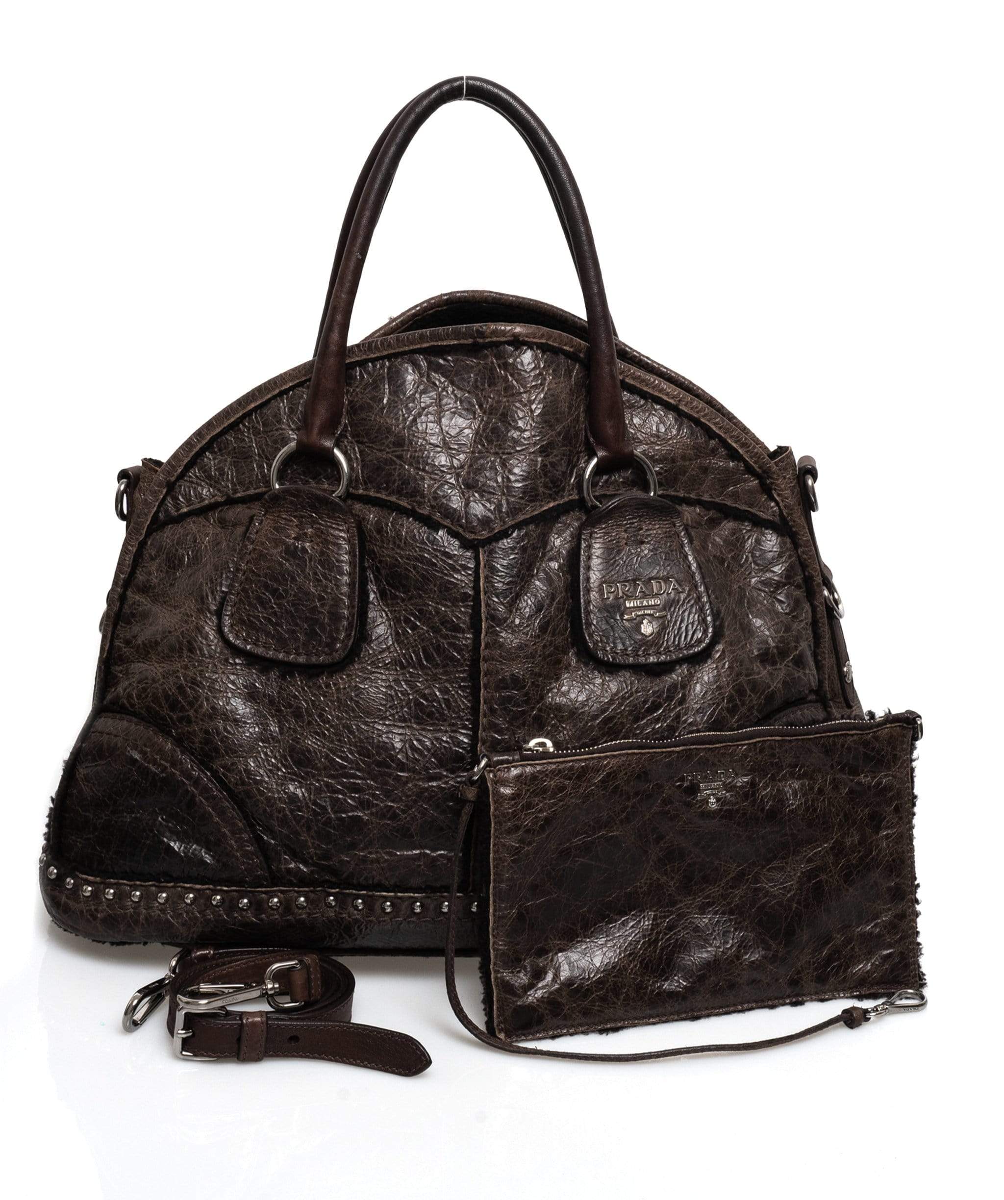 Prada Prada Brown Distressed Shearling Leather Top Handle Bag - MW2460