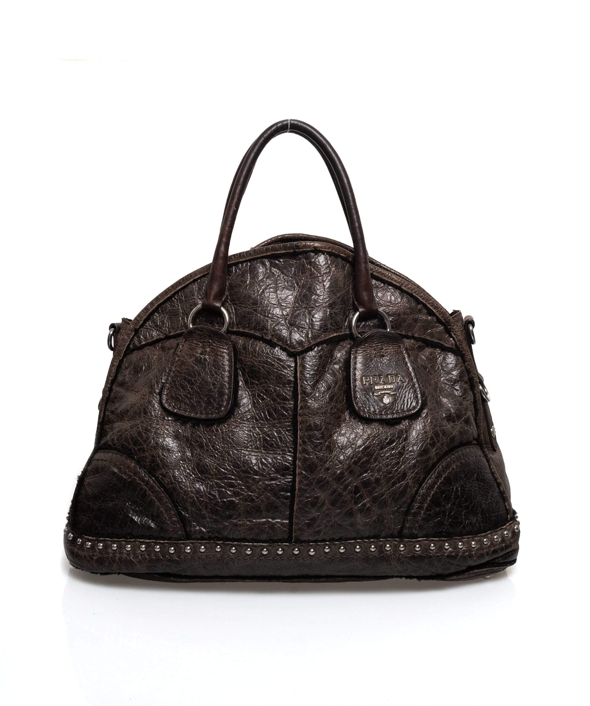 Prada Prada Brown Distressed Shearling Leather Top Handle Bag - MW2460