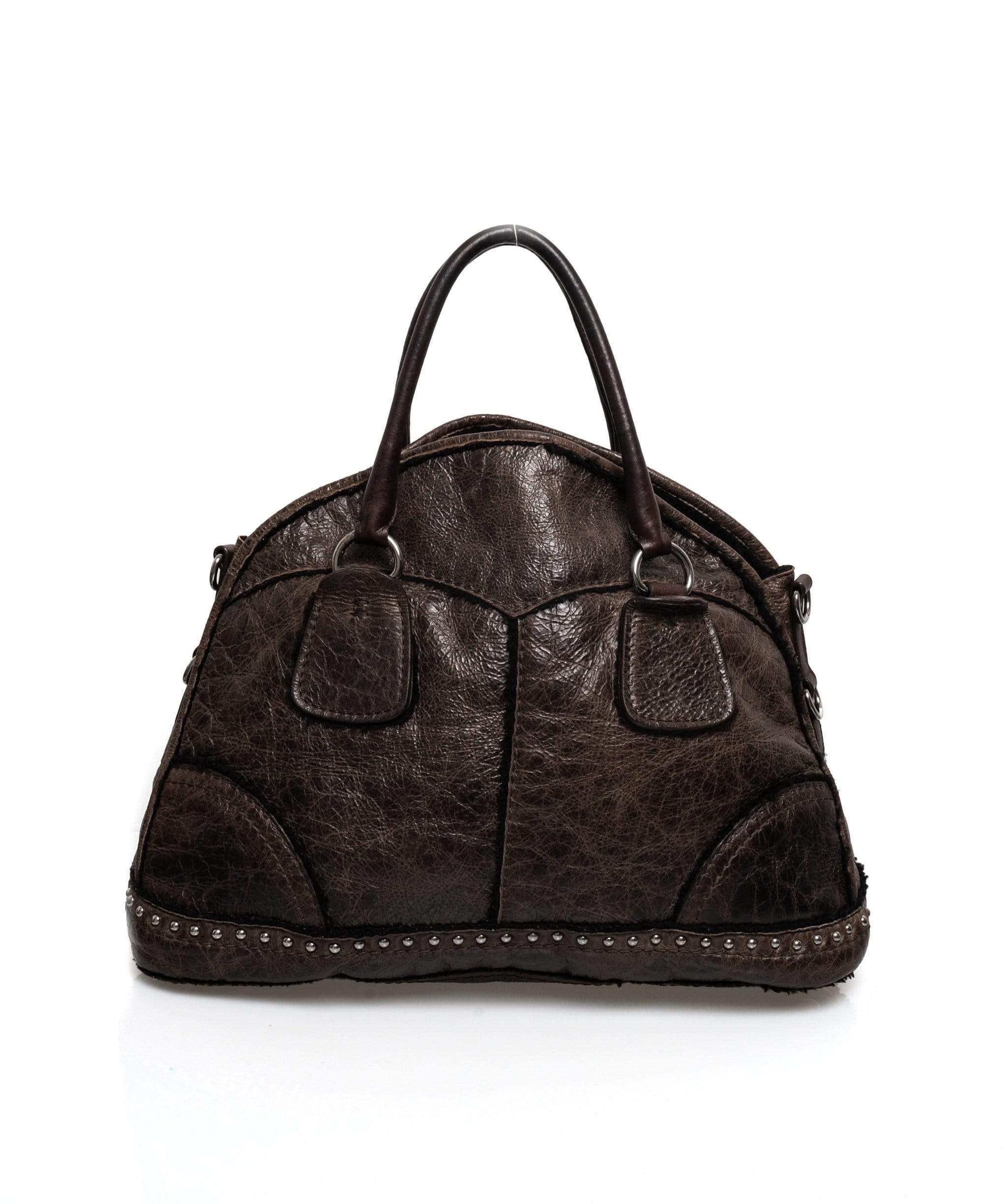 Prada Prada Brown Distressed Shearling Leather Top Handle Bag - MW2460