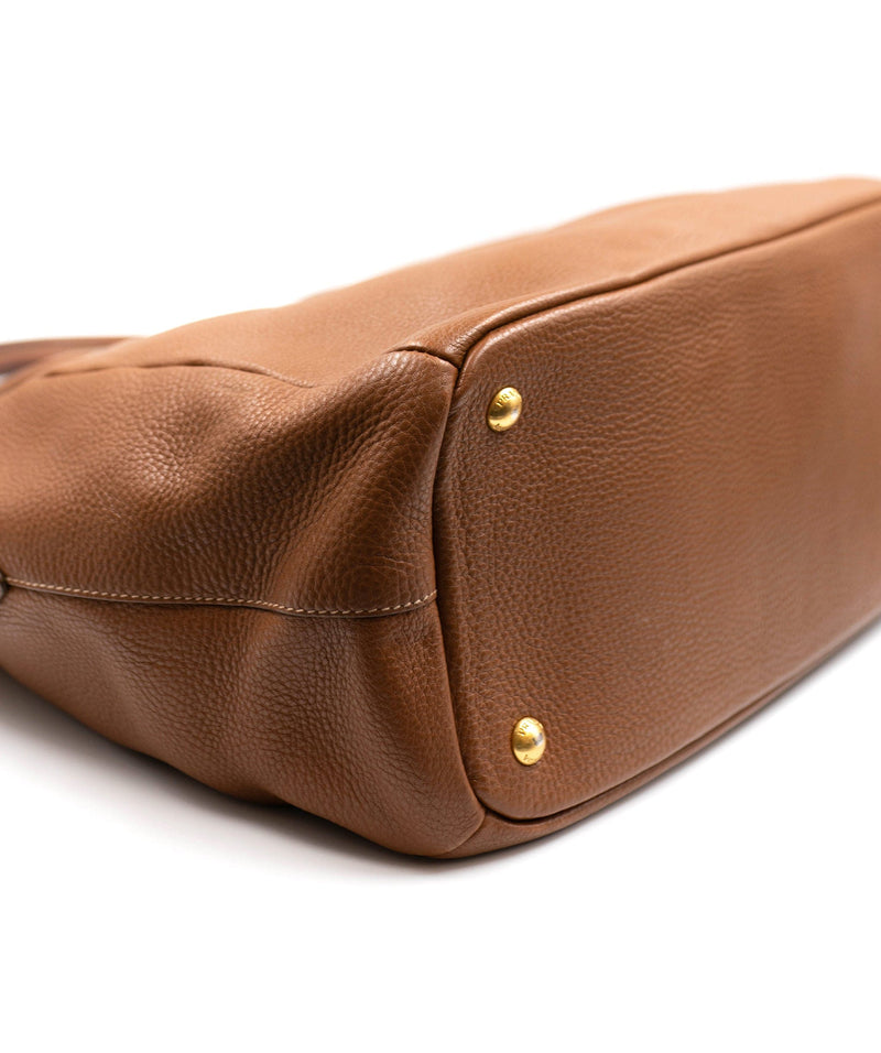Prada Leather Pattina Pushlock Sound Lock Shoulder Purse Bag Brown Tan –  Galore Consignment